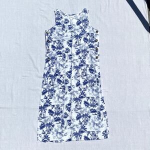 VTG Overall Apron Dress Midi Toile Print Tropical Vacation Coastal Linen Blend